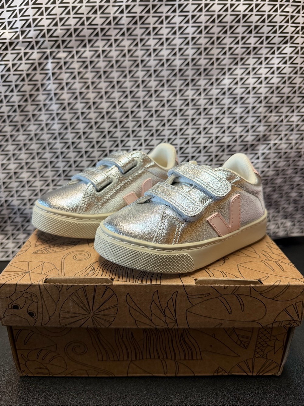 Veja Kids Metallic Silver Sneakers with Pink V Logo